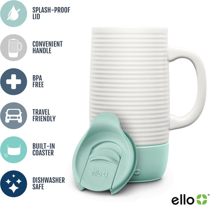 Ello Jane 18oz Ceramic Travel Mug with Handle, Splash-Resistant Slider Lid and Built-in Coaster, Perfect for Coffee and Tea, BPA Free, Dishwasher Safe, Holiday Gift Her Him, Yucca | Splash-resistant ceramic coffee tumbler with handle and silicone base. BP
