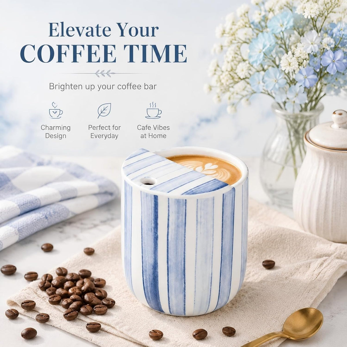 1 pcs Ceramic Mug with Sip Hole 10 oz deep Blue red Striped | Ice Coffee Mug, Travel Mugs,Novelty Hand Painted,Heat Resistant,Non Slip,Built in One Lid,Coffee Lovers Appreciation Gift