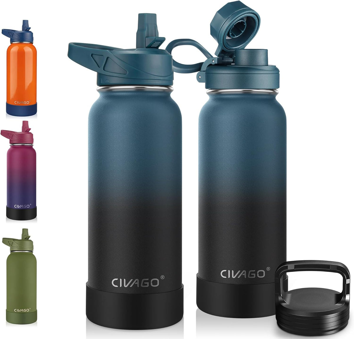 CIVAGO 40 oz Insulated Stainless Steel Water Bottle With Straw and 3 Lids | Large Metal Sports Water Jug, Leakproof Reusable Wide Mouth Thermal Flask Cup with Silicone Boot, BPA-Free, Midnight Black