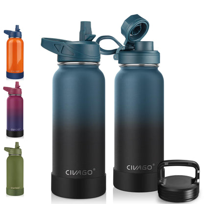 CIVAGO 40 oz Insulated Stainless Steel Water Bottle With Straw and 3 Lids | Large Metal Sports Water Jug, Leakproof Reusable Wide Mouth Thermal Flask Cup with Silicone Boot, BPA-Free, Midnight Black