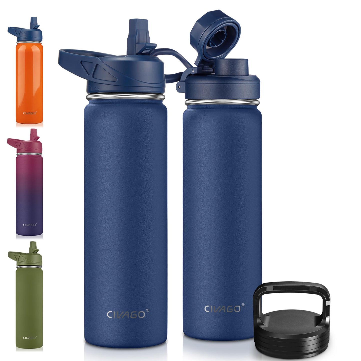 CIVAGO 40 oz Insulated Stainless Steel Water Bottle With Straw and 3 Lids | Large Metal Sports Water Jug, Leakproof Reusable Wide Mouth Thermal Flask Cup with Silicone Boot, BPA-Free, Midnight Black