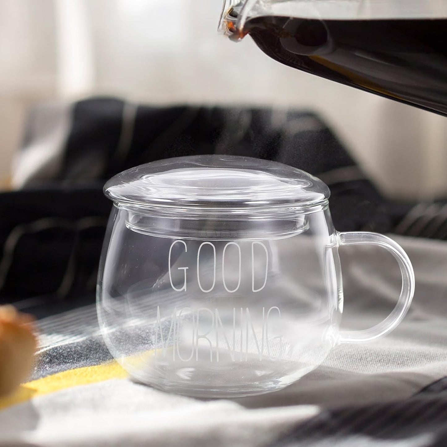 Heat Resistant Glass Milk Cup with Handle and Lid, 1pcs Breakfast Cereal Mug for Hot Beverages and Tea, Sturdy Glass Water Cup for Home and Travel