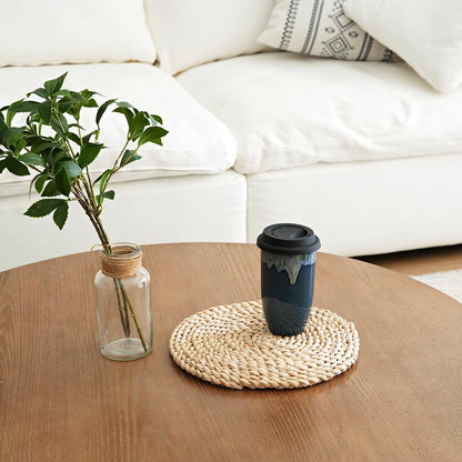 Bosmarlin Ceramic Travel Coffee Cup with Lid, 16 Oz, Portable Coffee Mug for Car Cup Holder, Microwave and Dishwasher Safe, Reactive Glaze (Deep BLue, 16 Oz)