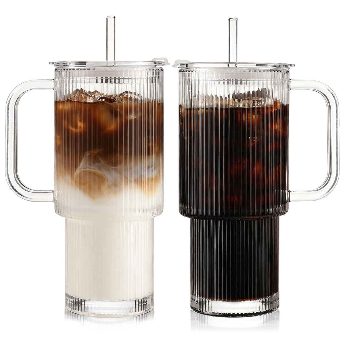 Iced Coffee Cups with Lids 2Pcs: Ribbed Glass Tumbler with Straw and Lid 20oz - Vintage Glass Cups with Lids and Straws - Tumbler Leak Proof Aesthetic Drinking for Coffee Bar Accessories