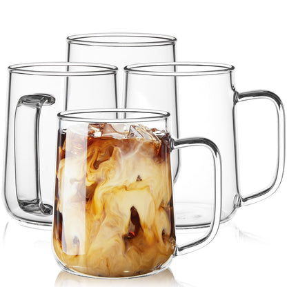Glass Coffee Mugs, 16 oz Glass Coffee Cups Set of 2, Clear Borosilicate Glass Mugs with Handles for Cappuccino, Tea, Latte, Hot/Cold Beverages, Wine, Americano