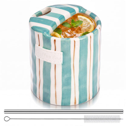 2 Pack Ceramic Mug with Sip Hole, Simple, Green, Brown | 10oz Ceramic Coffee Cup with Straws, Retro Hand Painted Striped, for Iced Coffee Tea Latte Espresso, Kitchen Dining Travel
