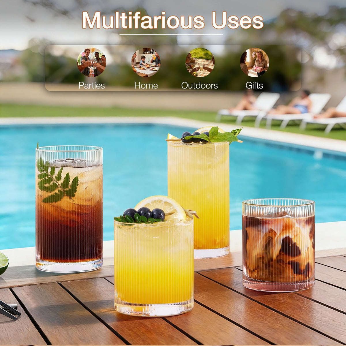 Drinking Water Glass Cups Set,Crystal Clear ribbed Glass set of 8,17oz&12oz | Unique Design Vintage Cocktail Glass, Tall Glass Cups Ideal for Ice Coffee Cup, Whiskey, Mixed Drinkware
