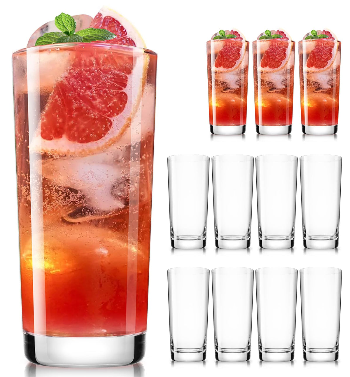 Drinking Water Glass Cups Set,Crystal Highball Glasses cups set of 6,16oz | Wide Mouth Design Clear Tall Glassware for Cocktail Parties, Family Dinners
