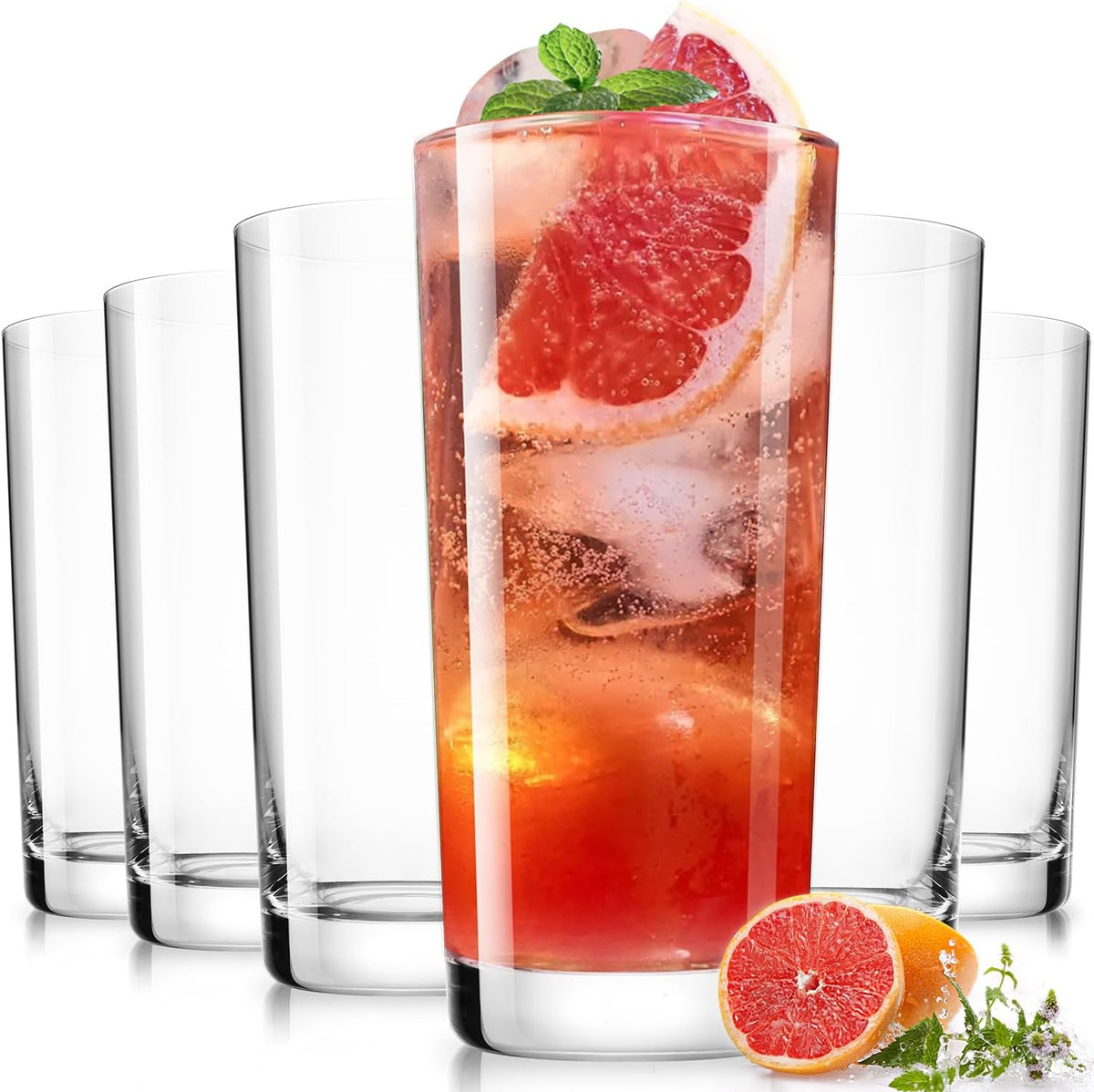 Drinking Water Glass Cups Set,Crystal Highball Glasses cups set of 6,16oz | Wide Mouth Design Clear Tall Glassware for Cocktail Parties, Family Dinners