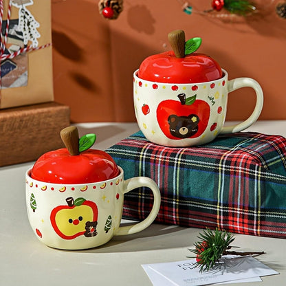 420Ml Ceramic Apple Breakfast Milk Cup With Lid