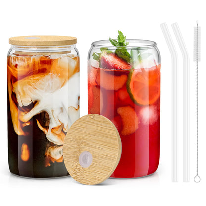 sungwoo 4PCS Glass Cups with Bamboo Lids and Straws, 16OZ Ice Coffee Cup, Drinking Cup set with Wooden Lids, Home Essential Glass Tumblers for Beer, Cocktail, Tea and Latte Clear
