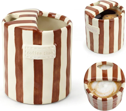 10oz Ceramic Coffee Mug with Sip Hole, Striped Espresso Cups for Hot & Cold Drinks and Microwave & Dishwasher & Freezer Safe, Ideal for Home Desk Kitchen Office Dorm Cafe Travel Daily - Brown