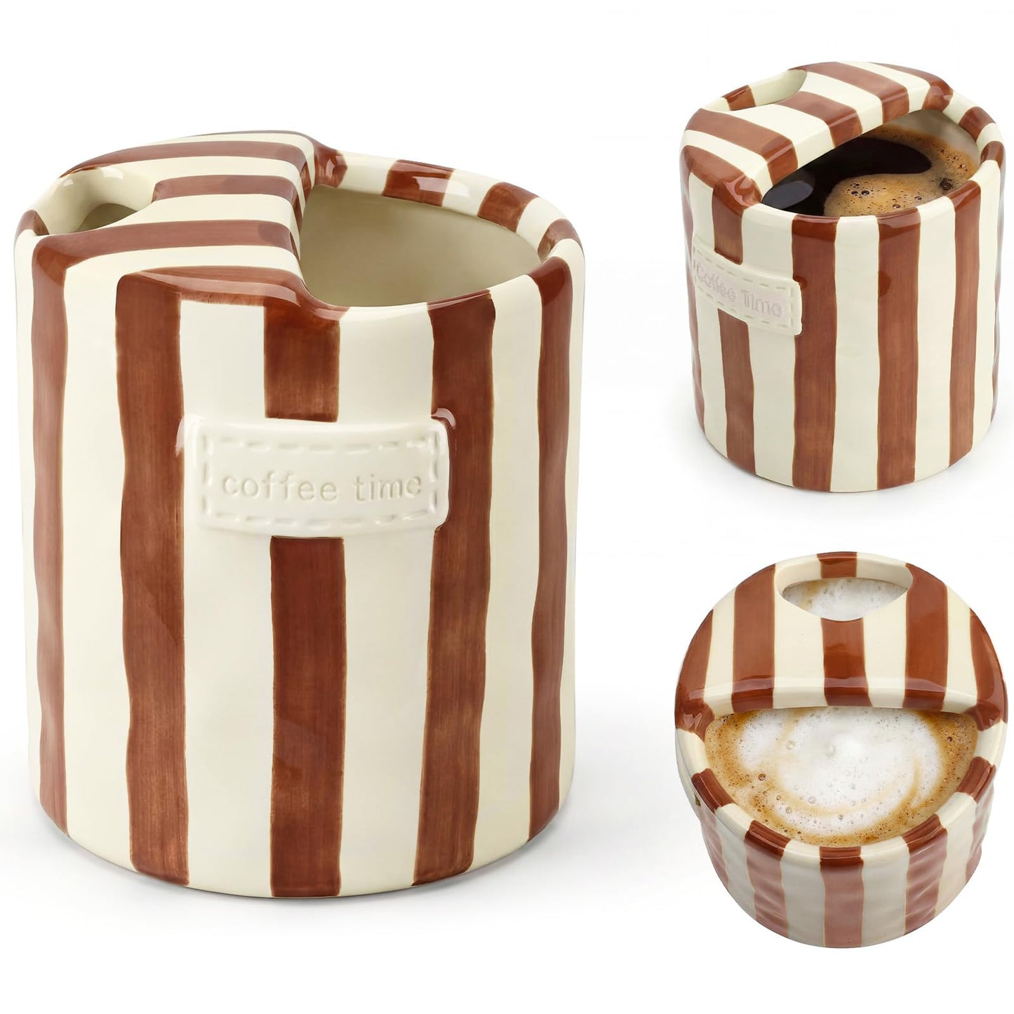 10oz Ceramic Coffee Mug with Sip Hole, Striped Espresso Cups for Hot & Cold Drinks and Microwave & Dishwasher & Freezer Safe, Ideal for Home Desk Kitchen Office Dorm Cafe Travel Daily - Brown