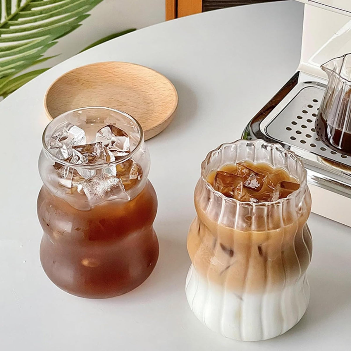 2 Pcs Ribbed Glass Cups, 18 Oz Vintage Drinking Glassware with Wave Design | Iced Coffee Cups Glass, Matcha Glass Bubble Cups for Iced Coffee, Juice, Beverage, Milk, Cocktails, Bubble Tea, and More