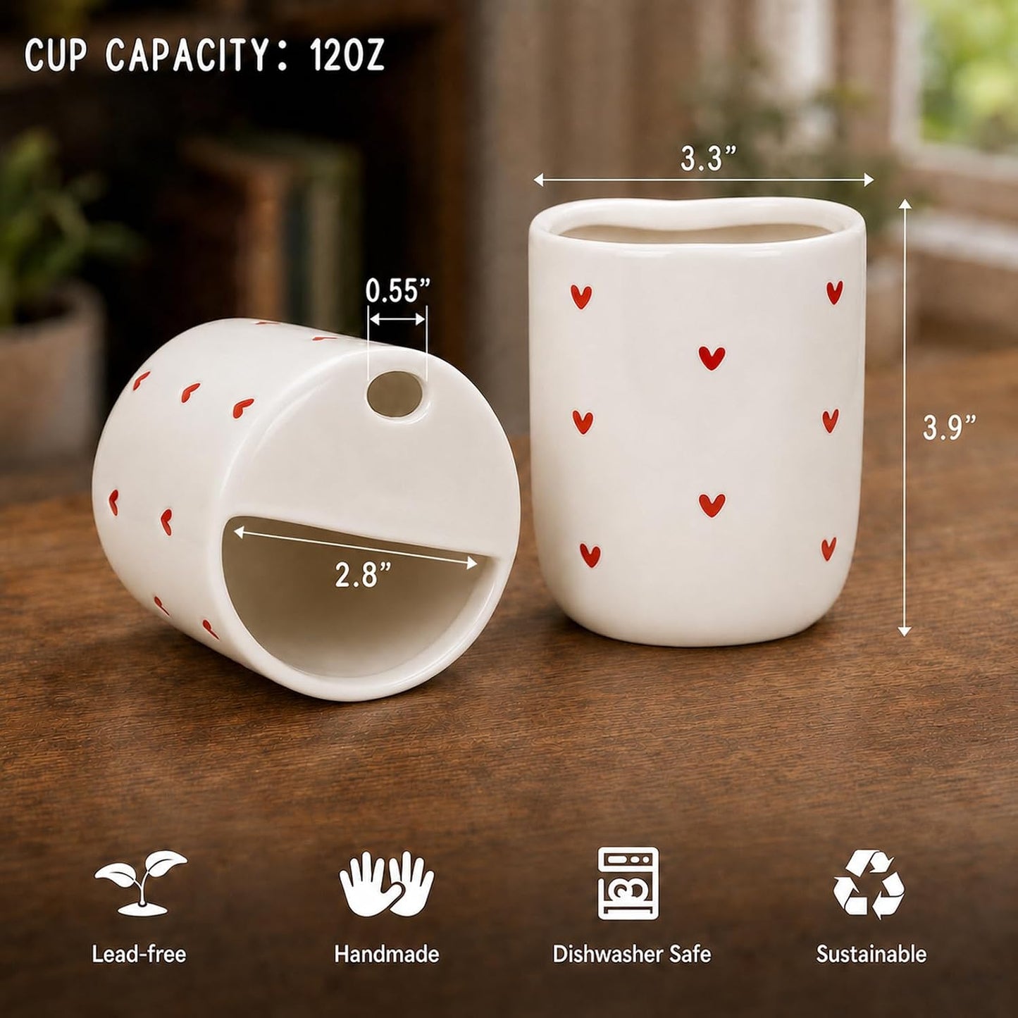 To Go Ceramic Coffee Cups with Lids, Romantic Red Hearts Ceramic Traval Mug with Sip Hole, 12oz Ceramic Sip Cups Pottery Travel Mug, Gifts For Him Her