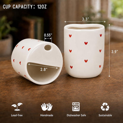 To Go Ceramic Coffee Cups with Lids, Romantic Red Hearts Ceramic Traval Mug with Sip Hole, 12oz Ceramic Sip Cups Pottery Travel Mug, Gifts For Him Her