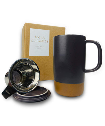 Mora Ceramics Large Tea Mug with Loose Leaf Infuser and Ceramic Lid, 18 oz, Portable, Microwave and Dishwasher Safe, Tall Coffee Cup - Rustic Matte Ceramic Glaze, Modern Herbal Tea Strainer, Olive