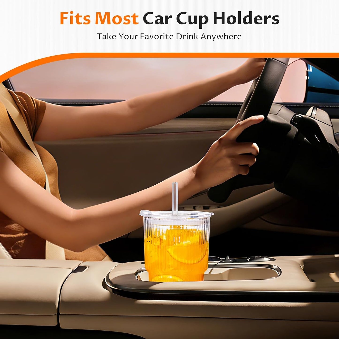 20oz Iced Coffee Cups with Lids, Glass Coffee Cups with Lids and Straws | Clear Reusable Drinkware, Secure Leak-Resistant Lids, Cup-Holder Friendly, Ideal for Iced Coffee, Tea, Juice and Smoothies