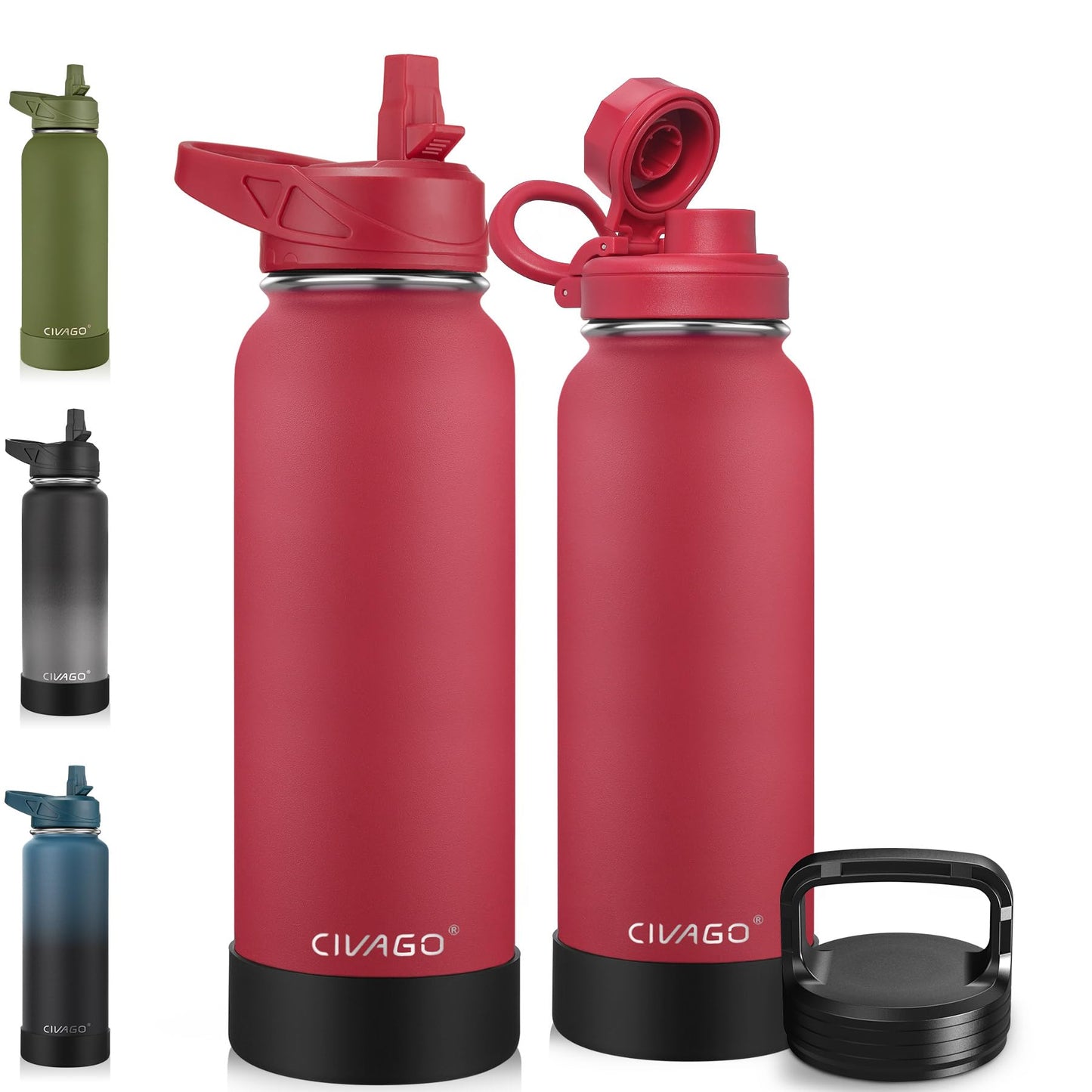 CIVAGO 40 oz Insulated Stainless Steel Water Bottle With Straw and 3 Lids | Large Metal Sports Water Jug, Leakproof Reusable Wide Mouth Thermal Flask Cup with Silicone Boot, BPA-Free, Midnight Black