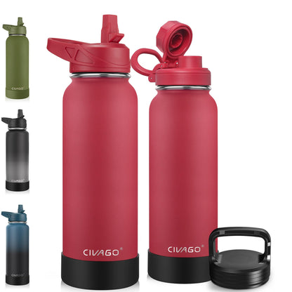 CIVAGO 40 oz Insulated Stainless Steel Water Bottle With Straw and 3 Lids | Large Metal Sports Water Jug, Leakproof Reusable Wide Mouth Thermal Flask Cup with Silicone Boot, BPA-Free, Midnight Black