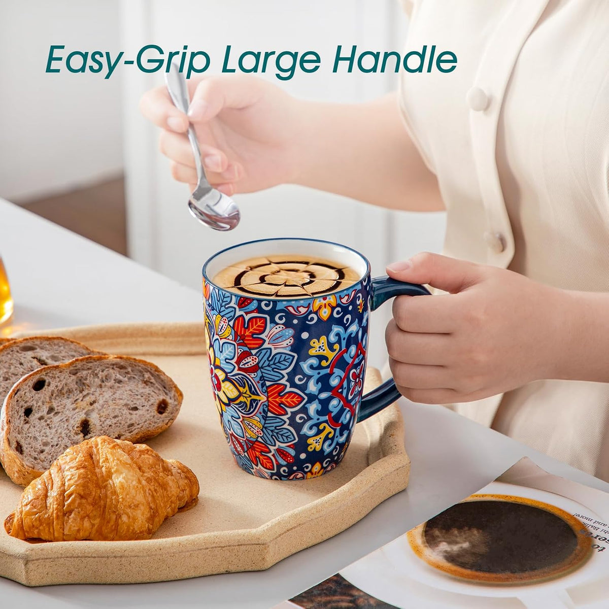 vancasso SIMI 16 oz Large Coffee Mugs Set of 6, Ceramic Cups with Handle | Bohemian Mug, Ideal for Coffee, Latte, Tea, Cappuccino and Hot Chocolate, Dishwasher Microwave Safe for Daily Use Gift Set