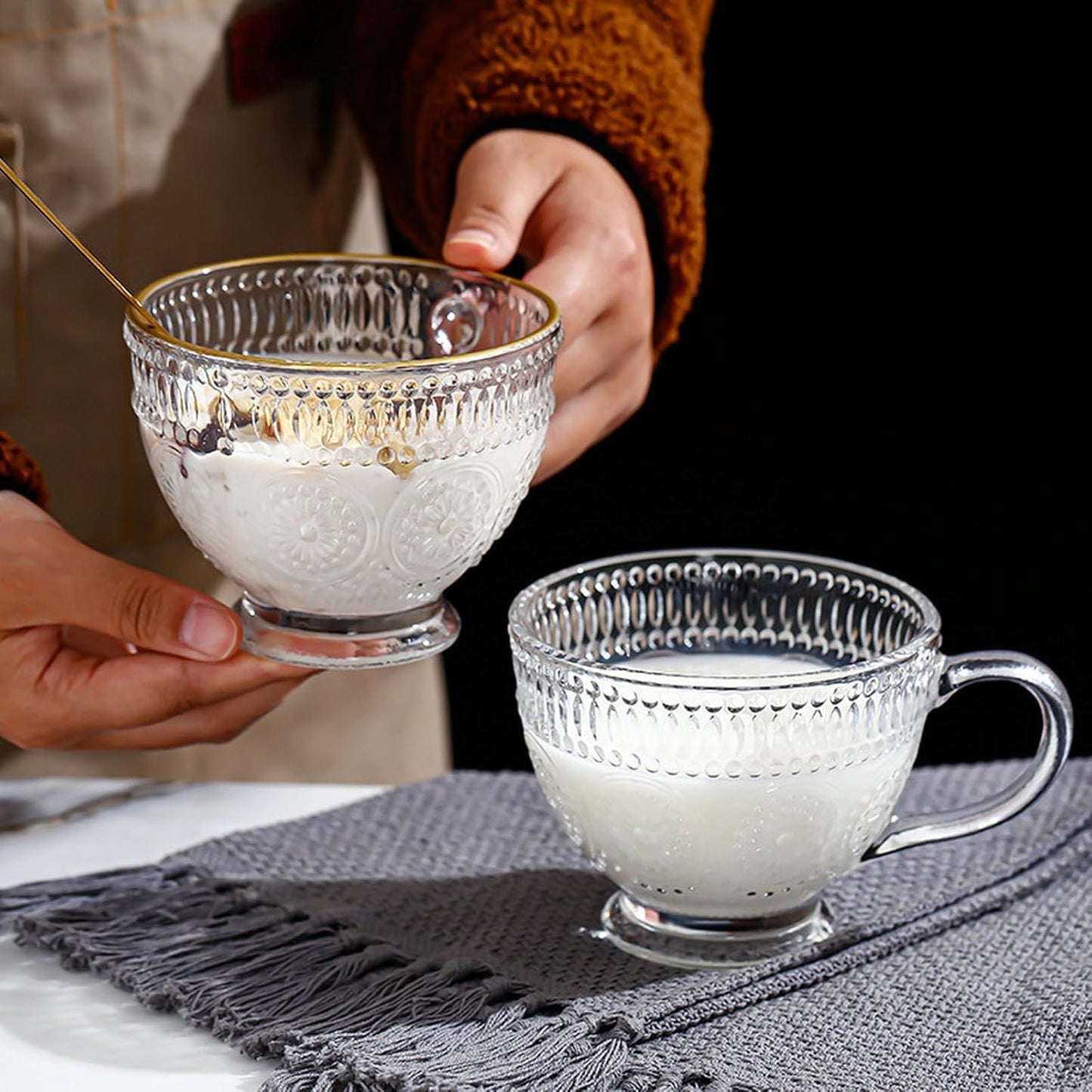 400Ml/13.5oz Transparent Oatmeal Breakfast Cup, Home Coffee Milk Glass Cup - Carved Milk Cup - Foam Box Packaging