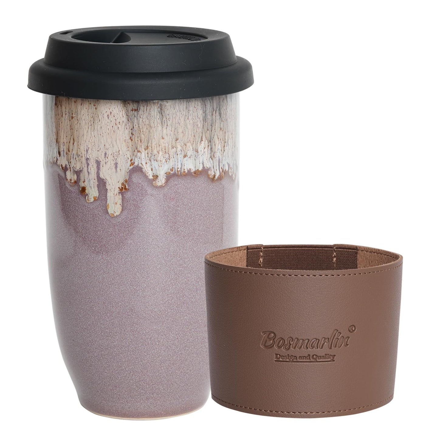 Bosmarlin Ceramic Travel Coffee Cup with Lid, 16 Oz, Portable Coffee Mug for Car Cup Holder, Microwave and Dishwasher Safe, Reactive Glaze (Deep BLue, 16 Oz)