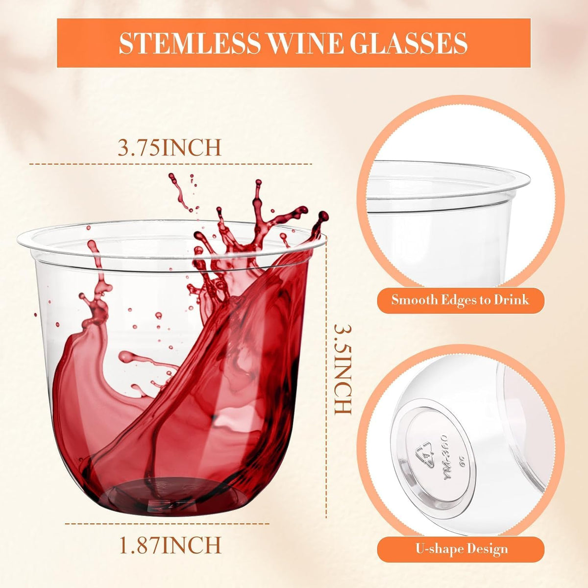 KesaPlan 100 Pcs 12oz Plastic Clear Cups, Disposable Wine Cocktail Glasses | Round Bottom, Crystal Stemless Party Bar Drink PET Cups for Meeting Weddings Birthday Christmas Valentine Party Supplies