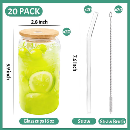 Joyclub 20Pcs Glass Cups with Bamboo Lids and Straws Bulk 16 oz Can Shaped | Clear drinking glasses include 20 cleaning brushes; reusable iced coffee tumbler wholesale for party wedding cafes shop gifts