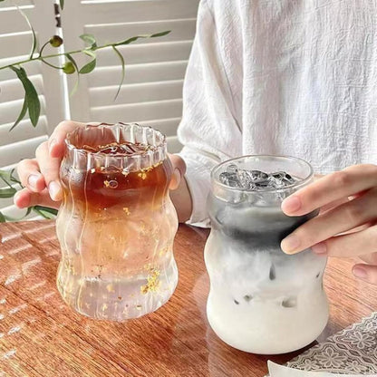 2 Pcs Ribbed Glass Cups, 18 Oz Vintage Drinking Glassware with Wave Design | Iced Coffee Cups Glass, Matcha Glass Bubble Cups for Iced Coffee, Juice, Beverage, Milk, Cocktails, Bubble Tea, and More