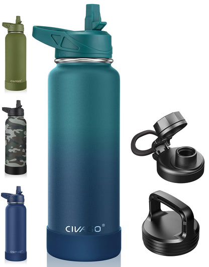 CIVAGO 40 oz Insulated Stainless Steel Water Bottle With Straw and 3 Lids | Large Metal Sports Water Jug, Leakproof Reusable Wide Mouth Thermal Flask Cup with Silicone Boot, BPA-Free, Midnight Black