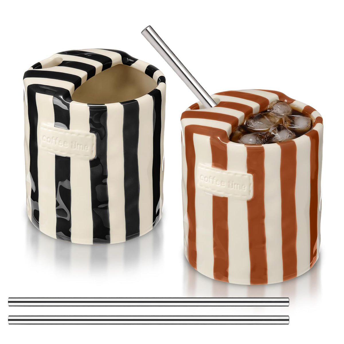 2 Pack Ceramic Mug with Sip Hole, Simple, Green, Brown | 10oz Ceramic Coffee Cup with Straws, Retro Hand Painted Striped, for Iced Coffee Tea Latte Espresso, Kitchen Dining Travel