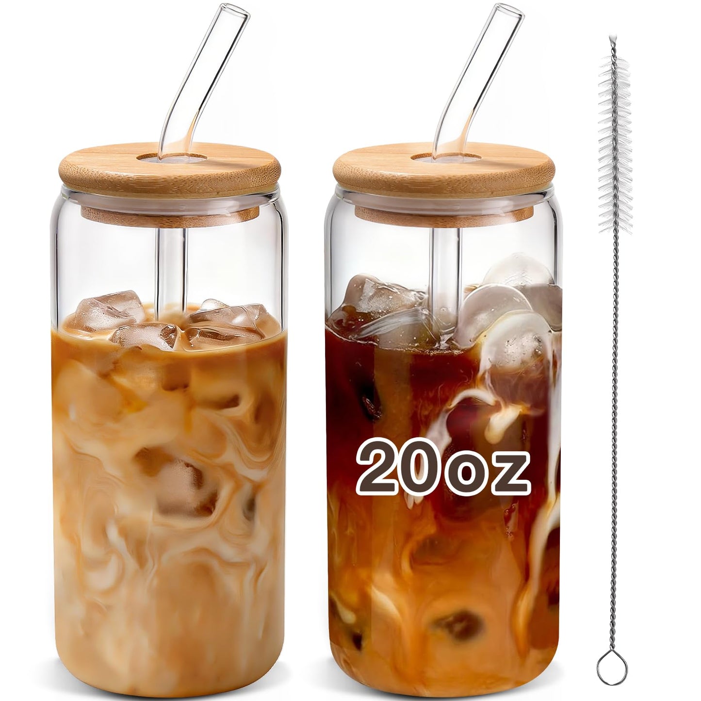 DWTS DANWEITESI Iced Coffee Cups with Lids 2 pcs,16 oz Glass Cups with Lids and Straws as Coffee Bar Accessories,Beer Drinking Glasses,Reusable Glass Tumbler,Cute Coffee Cups for Coffee, Juice, Gifts