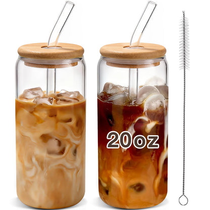 DWTS DANWEITESI Iced Coffee Cups with Lids 2 pcs,16 oz Glass Cups with Lids and Straws as Coffee Bar Accessories,Beer Drinking Glasses,Reusable Glass Tumbler,Cute Coffee Cups for Coffee, Juice, Gifts