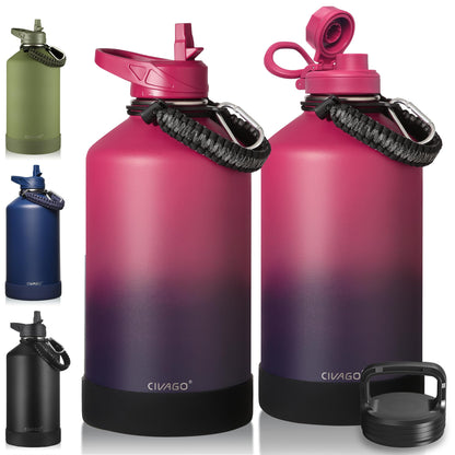 CIVAGO 40 oz Insulated Stainless Steel Water Bottle With Straw and 3 Lids | Large Metal Sports Water Jug, Leakproof Reusable Wide Mouth Thermal Flask Cup with Silicone Boot, BPA-Free, Midnight Black