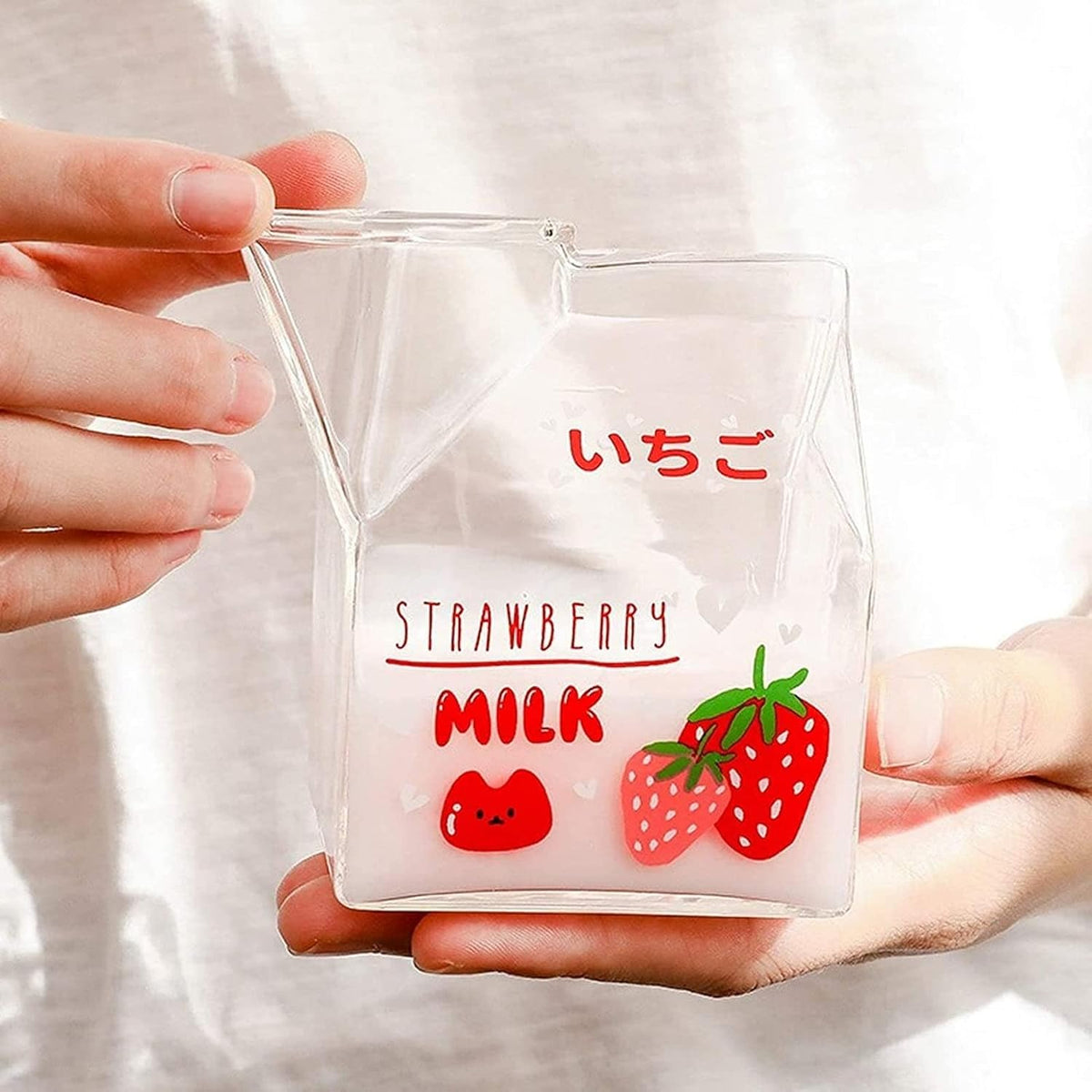 Milk Carton Glass Mug Square – Cute Breakfast Cup for Home Portable Students Clear Milk Cups, Strawberry