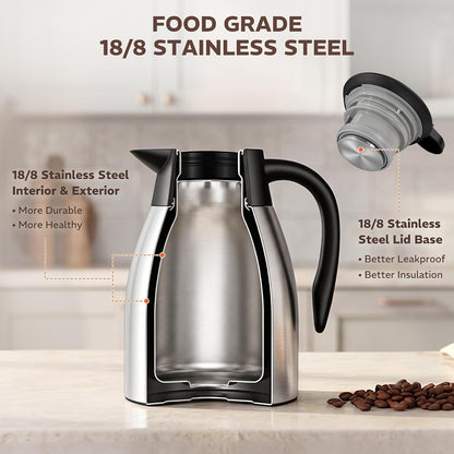 Thermal Coffee Carafe for Keeping Hot – 34OZ Insulated Small Coffee Pot | 304 Stainless Steel Coffee Flask, Tea Pitcher for Hot Drinks Liquid Water, Insulated Beverage Dispenser for Parties
