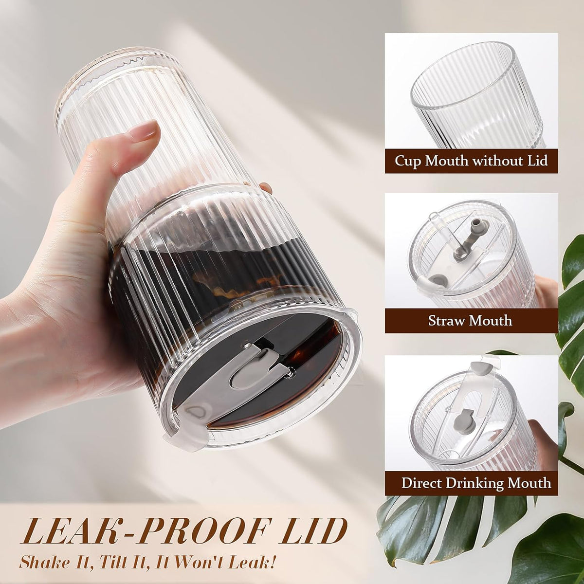 Iced Coffee Cups with Lids 2Pcs: Ribbed Glass Tumbler with Straw and Lid 20oz - Vintage Glass Cups with Lids and Straws - Tumbler Leak Proof Aesthetic Drinking for Coffee Bar Accessories