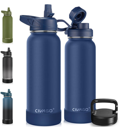 CIVAGO 40 oz Insulated Stainless Steel Water Bottle With Straw and 3 Lids | Large Metal Sports Water Jug, Leakproof Reusable Wide Mouth Thermal Flask Cup with Silicone Boot, BPA-Free, Midnight Black