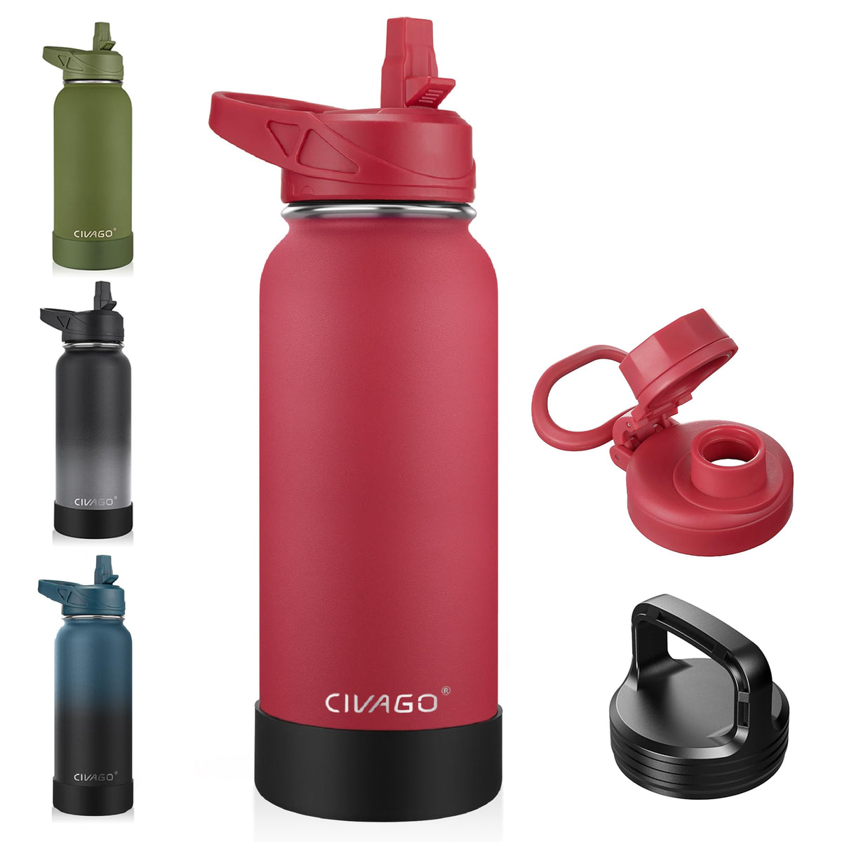 CIVAGO 40 oz Insulated Stainless Steel Water Bottle With Straw and 3 Lids | Large Metal Sports Water Jug, Leakproof Reusable Wide Mouth Thermal Flask Cup with Silicone Boot, BPA-Free, Midnight Black