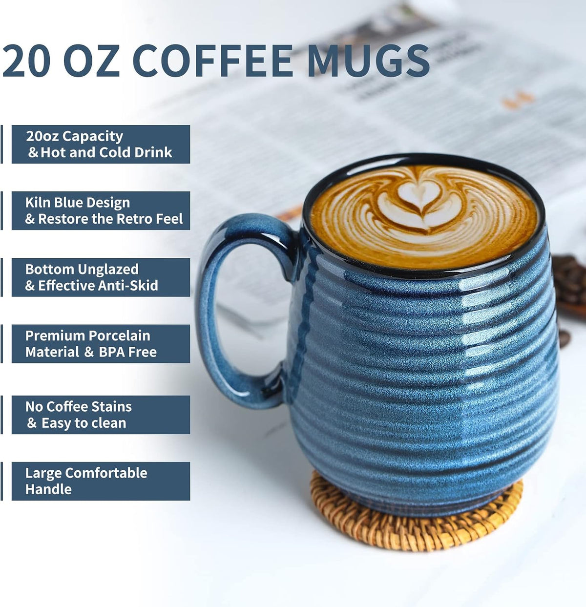 HASENSE Coffee Mug, 20 oz Ceramic Coffee Cup for Men and Women, Large Coffee Mug for Latte Coffee Tea Soup for Office and Home, Dishwasher and Microwave Safe, 1 PCS (Blue)