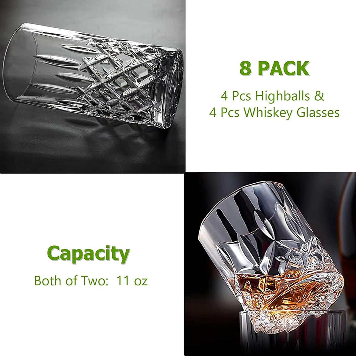 Qipecedm Drinking Glasses, 8 Piece Crystal Glass Cups, Mixed Glassware Set, 4 pcs Crystal Old Fashioned 11oz Highballs and 4 pcs 11oz Whiskey Glasses, Great for Cocktail, Whisky and other Beverages