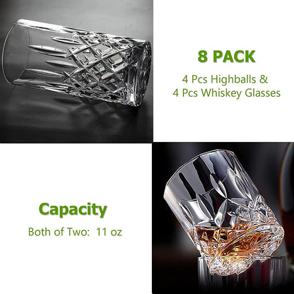 Qipecedm Drinking Glasses, 8 Piece Crystal Glass Cups, Mixed Glassware Set, 4 pcs Crystal Old Fashioned 11oz Highballs and 4 pcs 11oz Whiskey Glasses, Great for Cocktail, Whisky and other Beverages