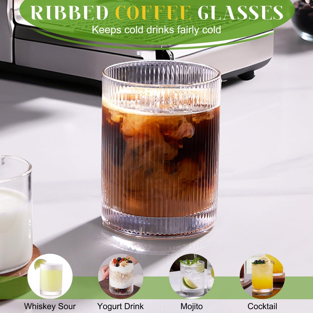 Drinking Water Glass Cups Set,Crystal Clear ribbed Glass set of 8,17oz&12oz | Unique Design Vintage Cocktail Glass, Tall Glass Cups Ideal for Ice Coffee Cup, Whiskey, Mixed Drinkware