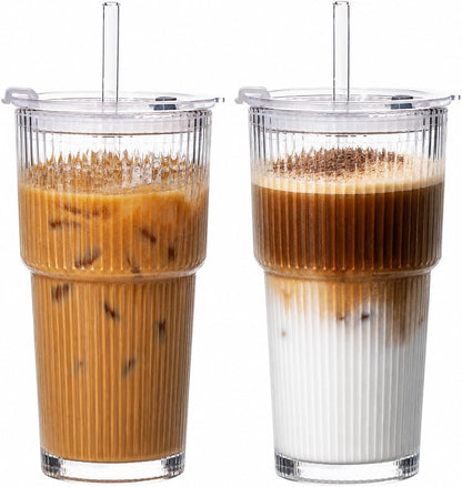20oz Iced Coffee Cups with Lids, Glass Coffee Cups with Lids and Straws | Clear Reusable Drinkware, Secure Leak-Resistant Lids, Cup-Holder Friendly, Ideal for Iced Coffee, Tea, Juice and Smoothies