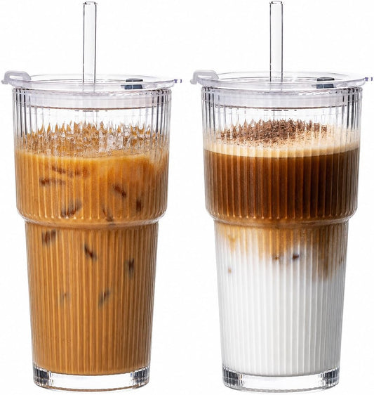 20oz Iced Coffee Cups with Lids, Glass Coffee Cups with Lids and Straws | Clear Reusable Drinkware, Secure Leak-Resistant Lids, Cup-Holder Friendly, Ideal for Iced Coffee, Tea, Juice and Smoothies