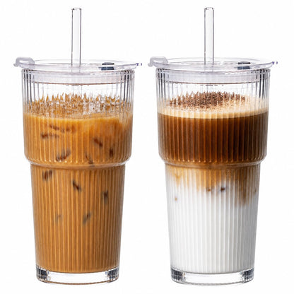 20oz Iced Coffee Cups with Lids, Glass Coffee Cups with Lids and Straws | Clear Reusable Drinkware, Secure Leak-Resistant Lids, Cup-Holder Friendly, Ideal for Iced Coffee, Tea, Juice and Smoothies