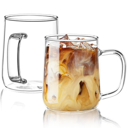Glass Coffee Mugs, 16 oz Glass Coffee Cups Set of 2, Clear Borosilicate Glass Mugs with Handles for Cappuccino, Tea, Latte, Hot/Cold Beverages, Wine, Americano