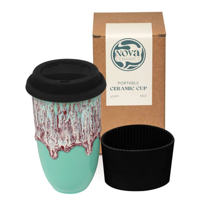 NOVA CERAMICS Travel Mug On the Go Coffee Mug Microwave & Dishwasher Safe Green Tumbler - Gifts For Women Men 16oz Afterglow