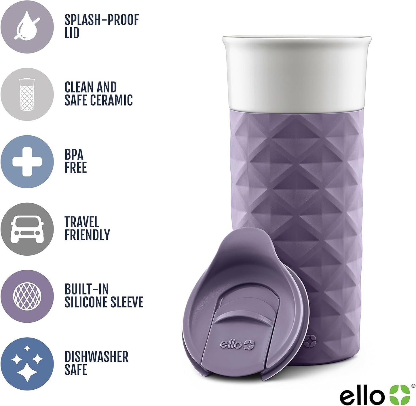 Ello Ogden 16oz Ceramic Travel Mug with Splash-Resistant Slider Lid and Protective Silicone Sleeve, Perfect for Coffee or Tea, BPA-Free, Dishwasher Safe | Splash-resistant ceramic travel mug with slider lid and protective silicone sleeve. BPA-free, great